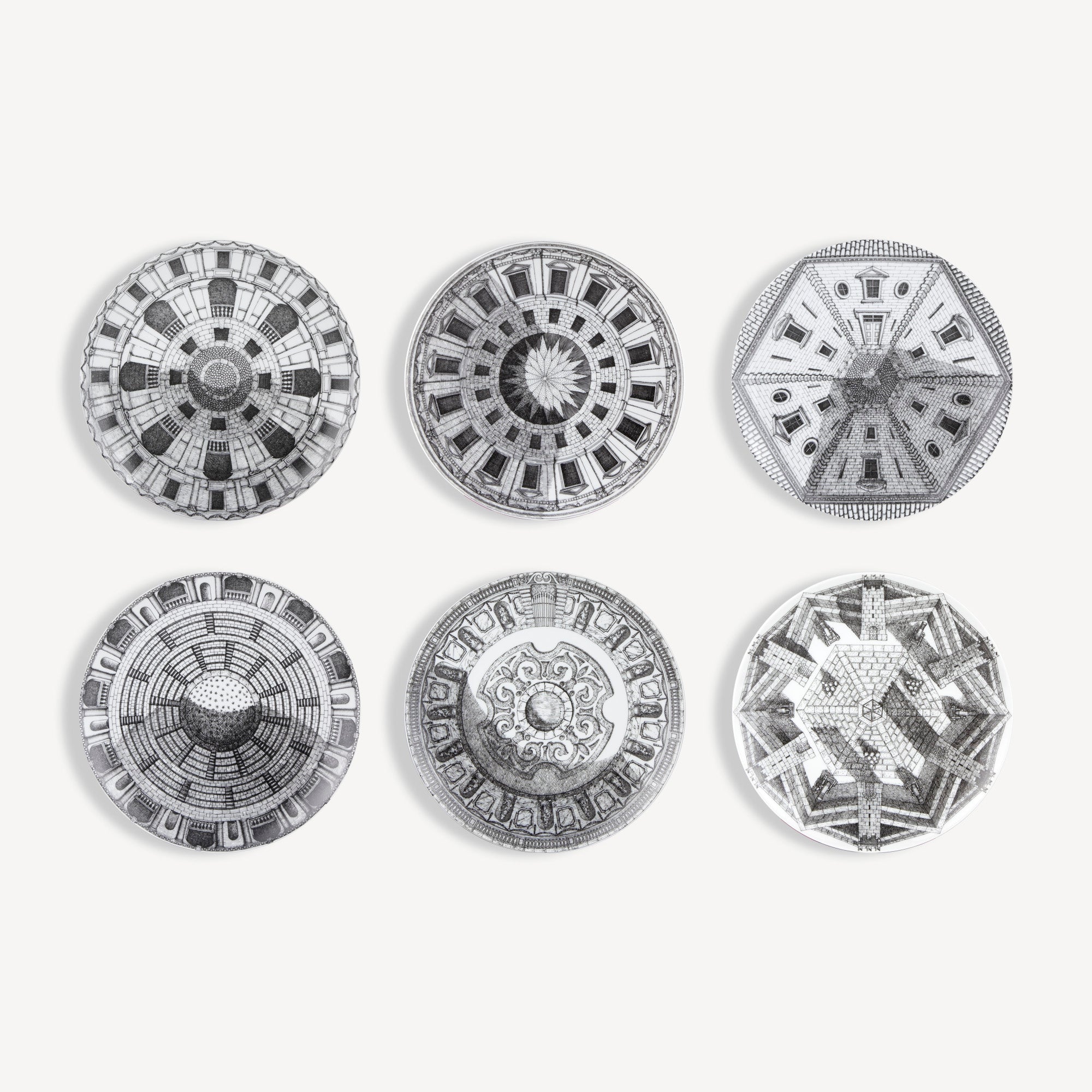 Set 6 Plates Cortili in White/Black | Fornasetti® – Fornasetti Store