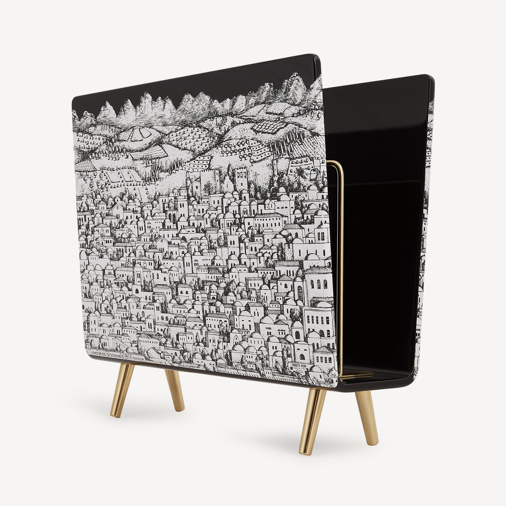 Side view of the magazine rack Gerusalemme with city illustration and gold legs