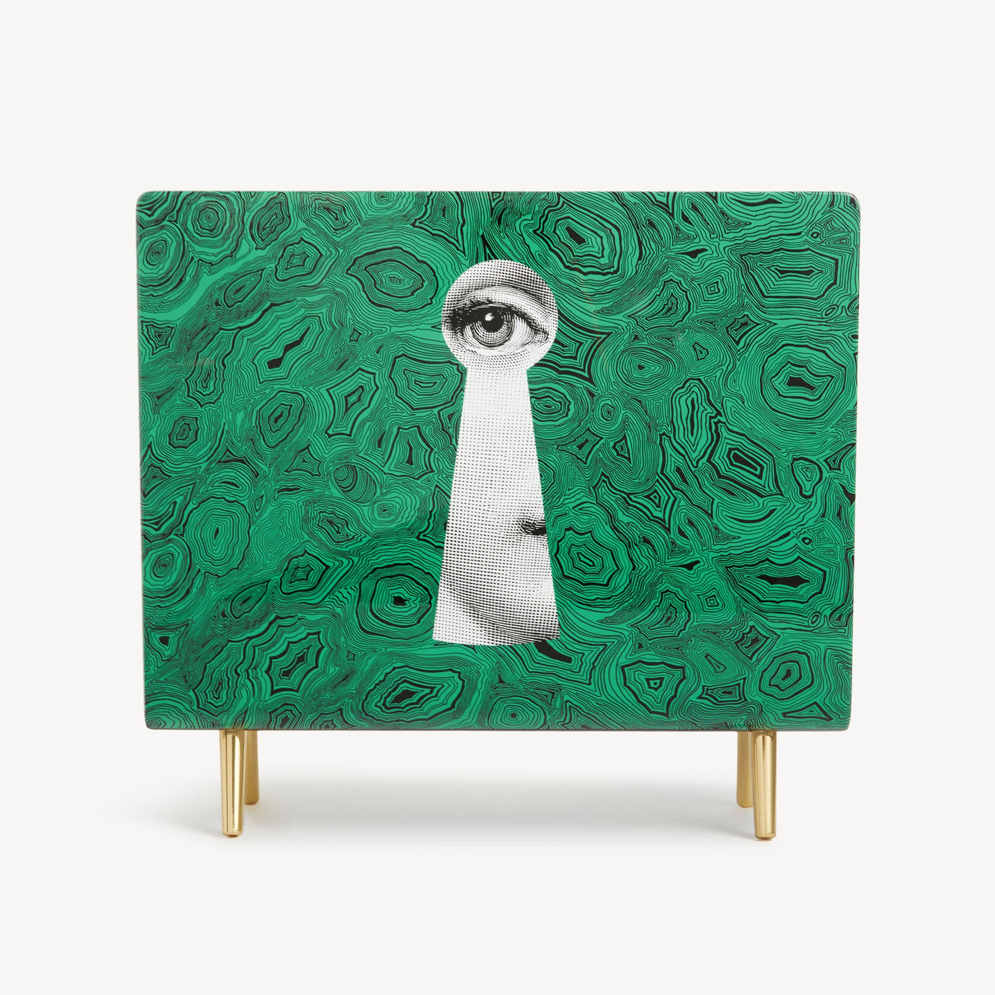 Front view of magazine rack Serratura su Malachite showing green patterned surface and gold legs
