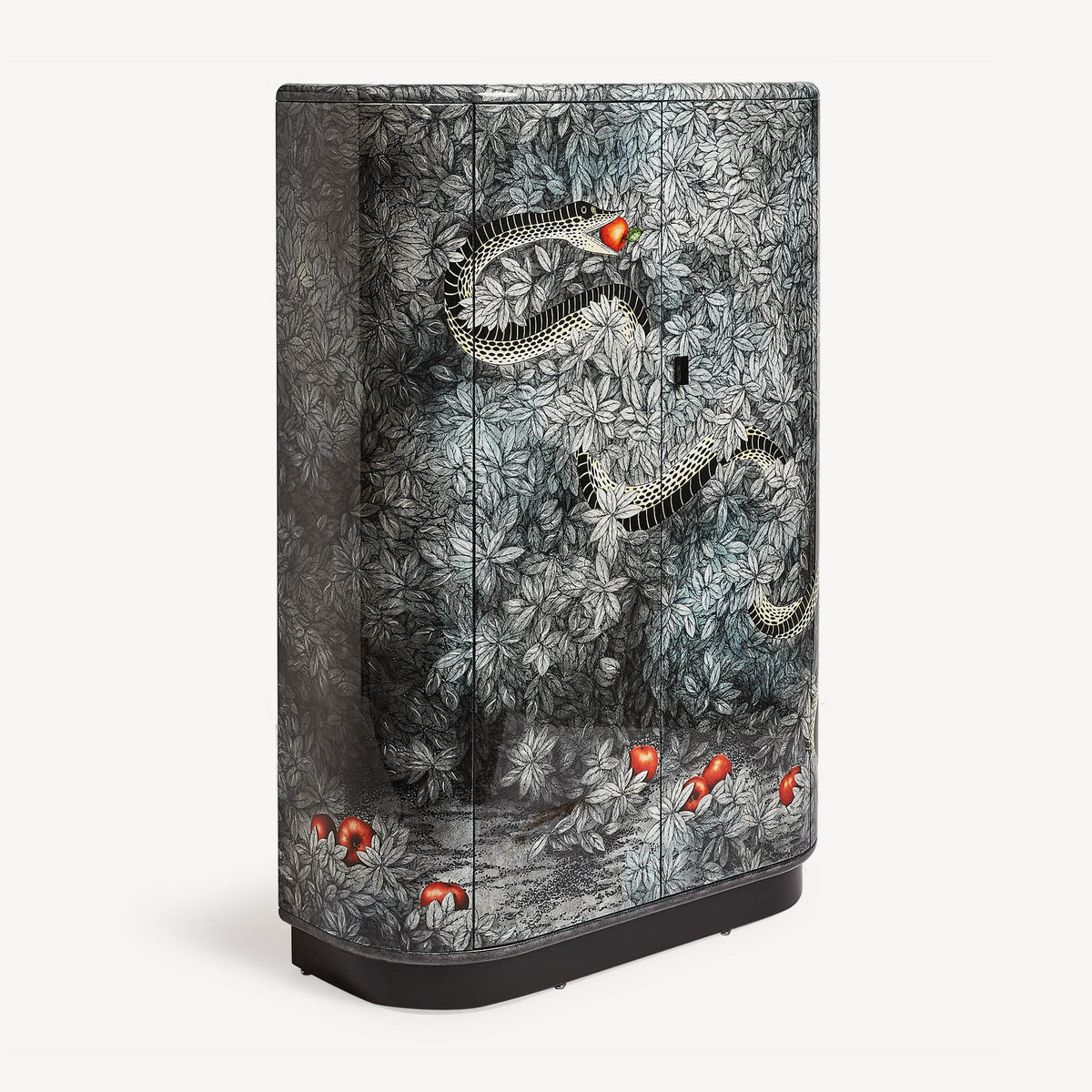 Angle view of cabinet showing side and front, snakes motif