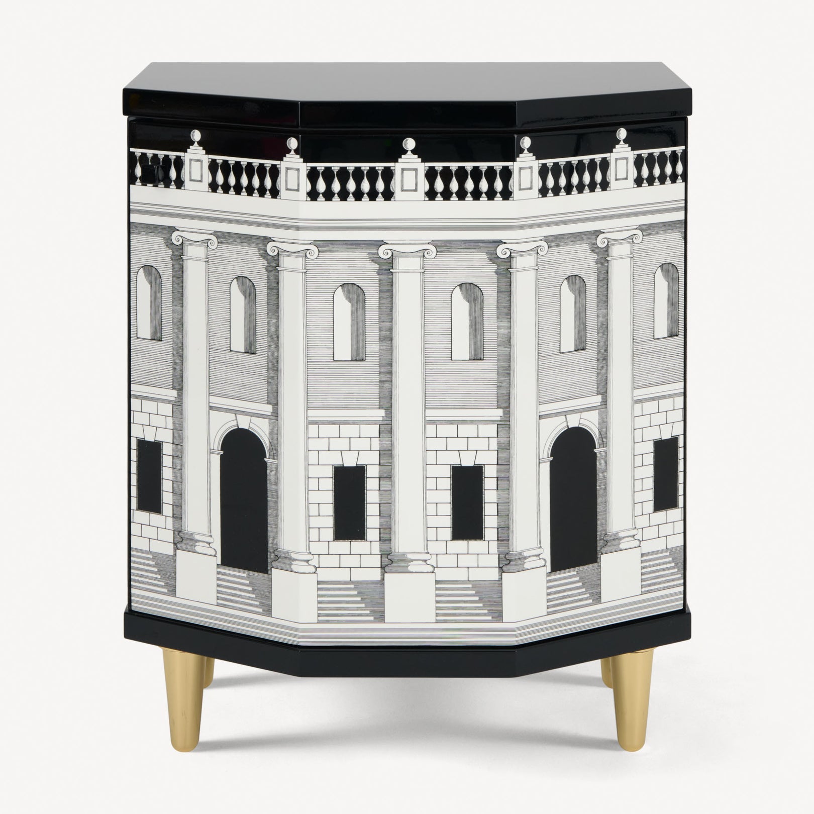 Close-up of corner and decorative balustrade pattern on cabinet