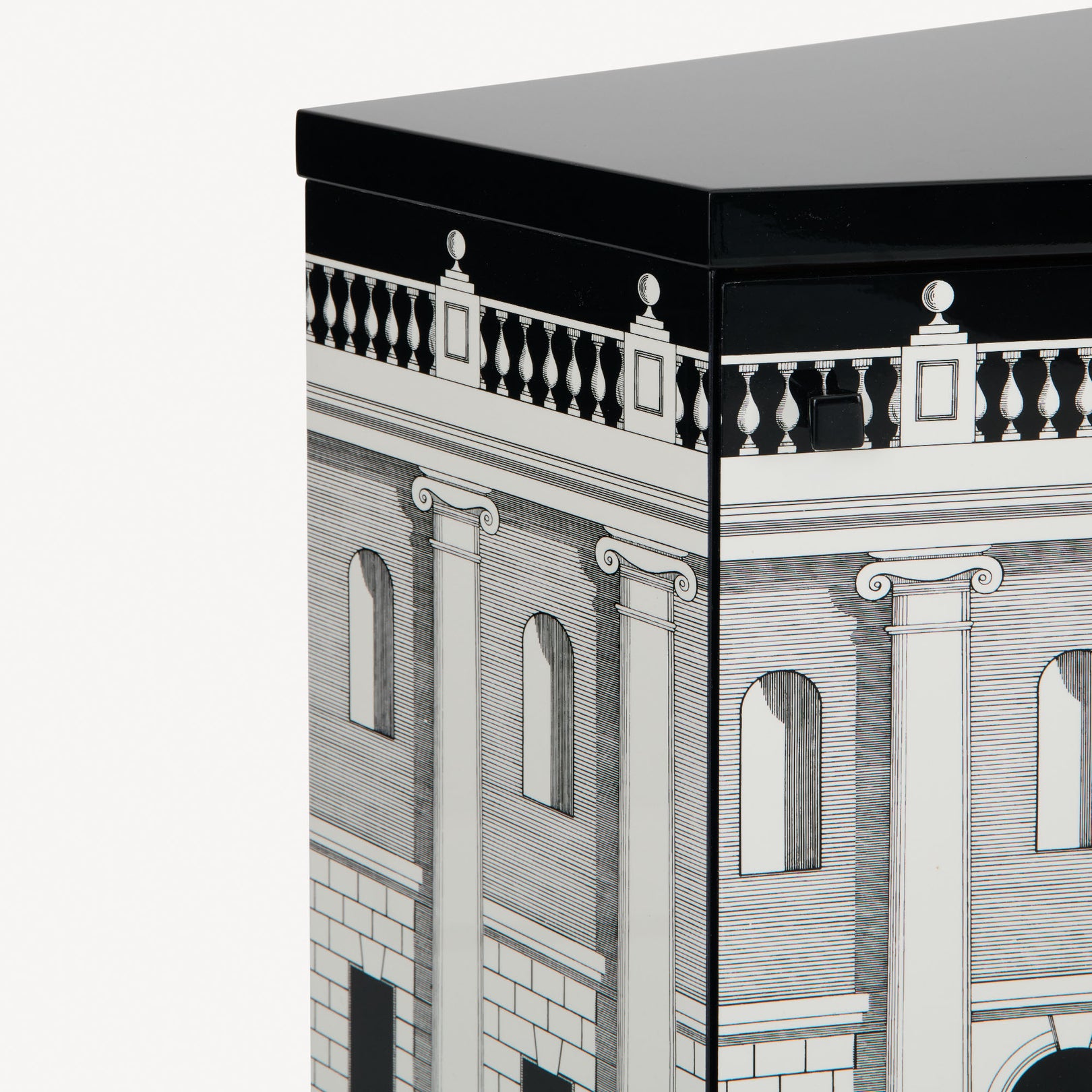 Three-quarter view of cabinet with legs and detailed print