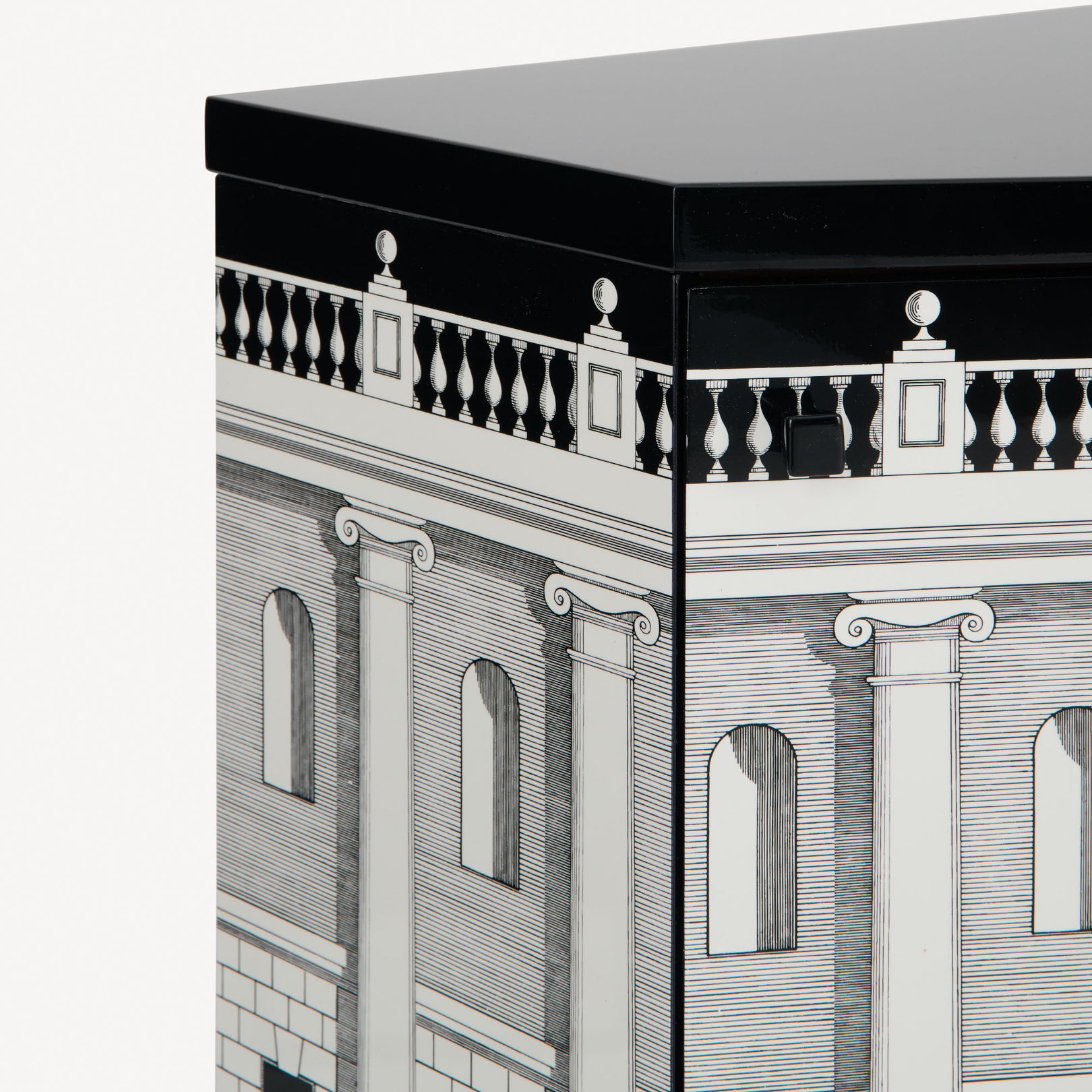 Close-up of architectural print on cabinet side