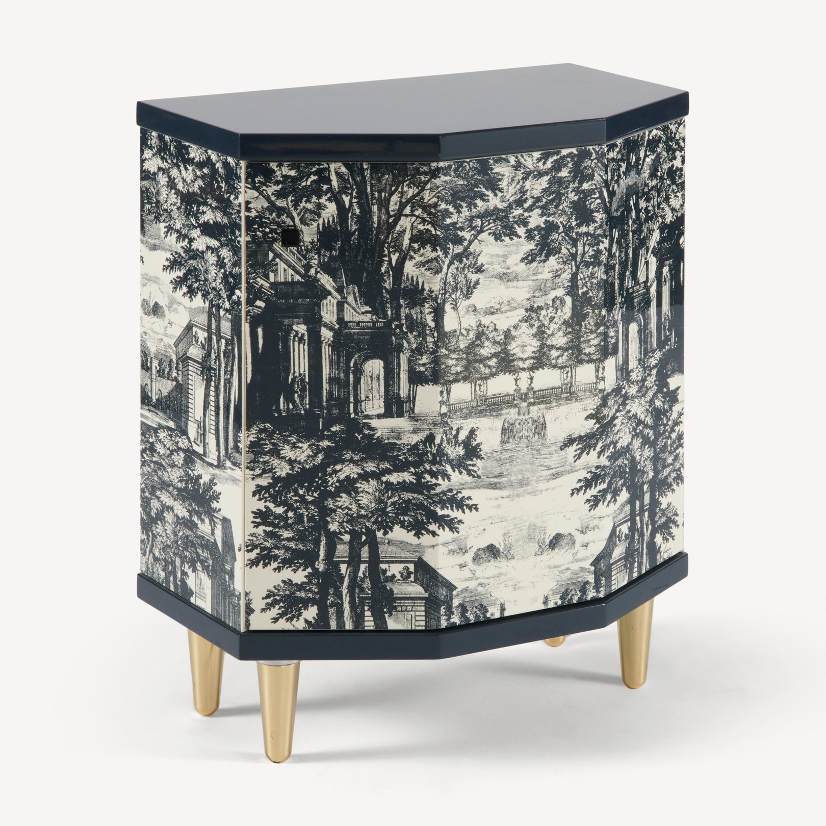 Three-quarter view of cabinet showing pattern wrap and legs
