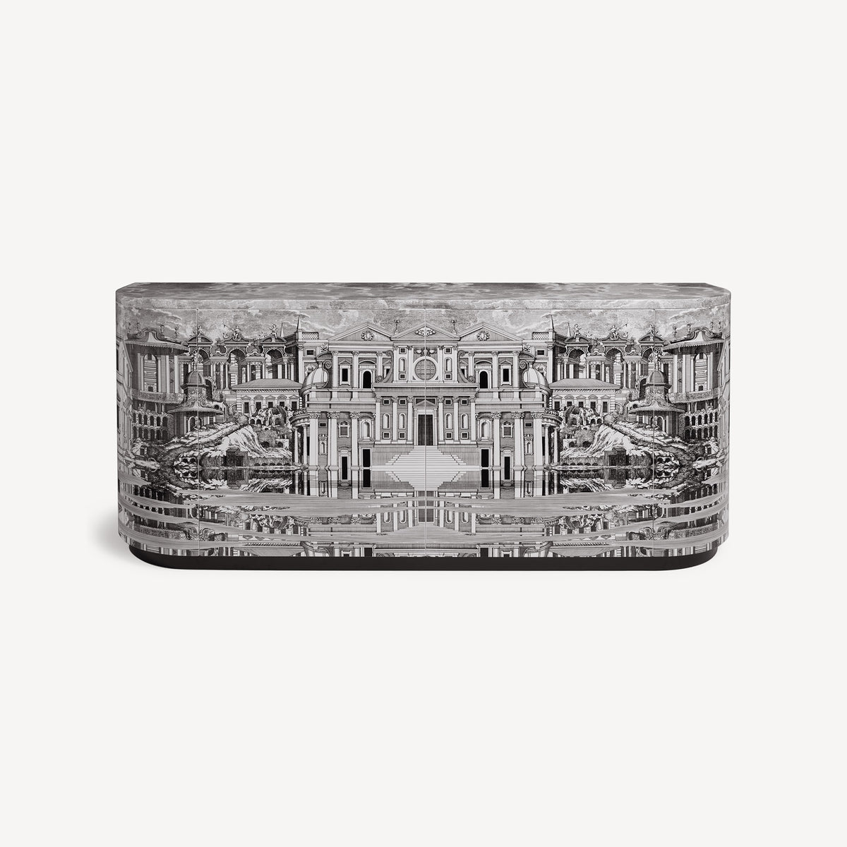 Front view of rounded console with grayscale architectural print