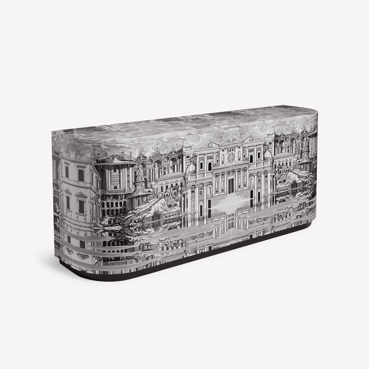 Three-quarter view of curved console with grayscale print
