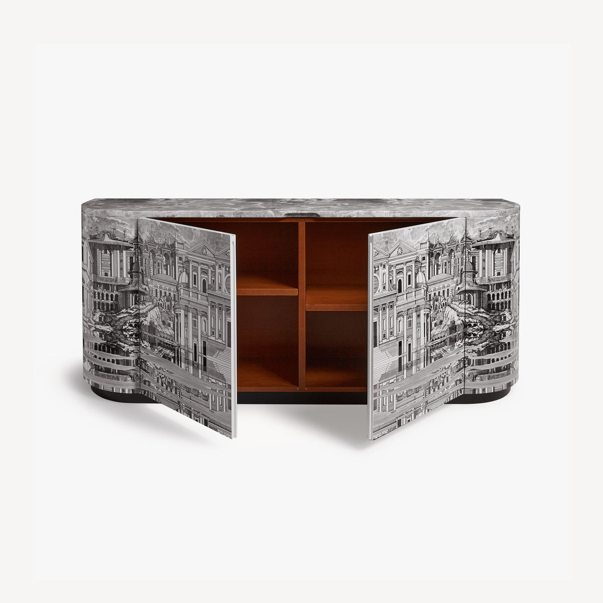 Open cabinet revealing interior compartments