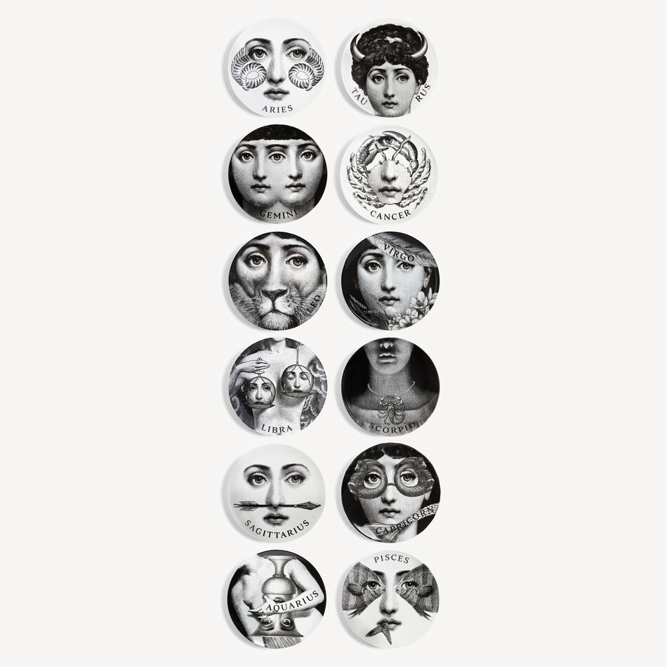 FORNASETTI Set of 12 Zodiaco - Tema e Variazioni wall plates White/Black P10X300FOR24BIA