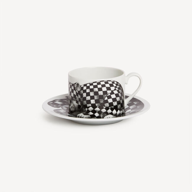 Shop Fornasetti Tea Cup High Fidelity Quadretato In White/black