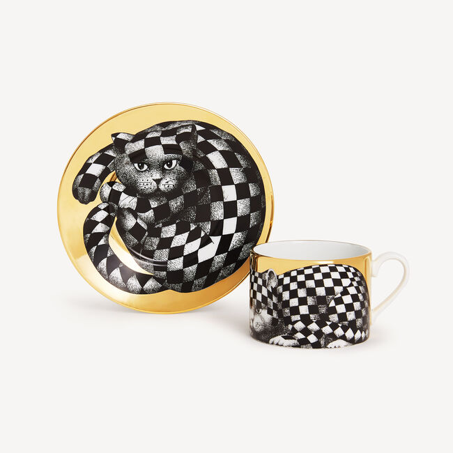 Shop Fornasetti Tea Cup High Fidelity Quadrettato In White/black/gold