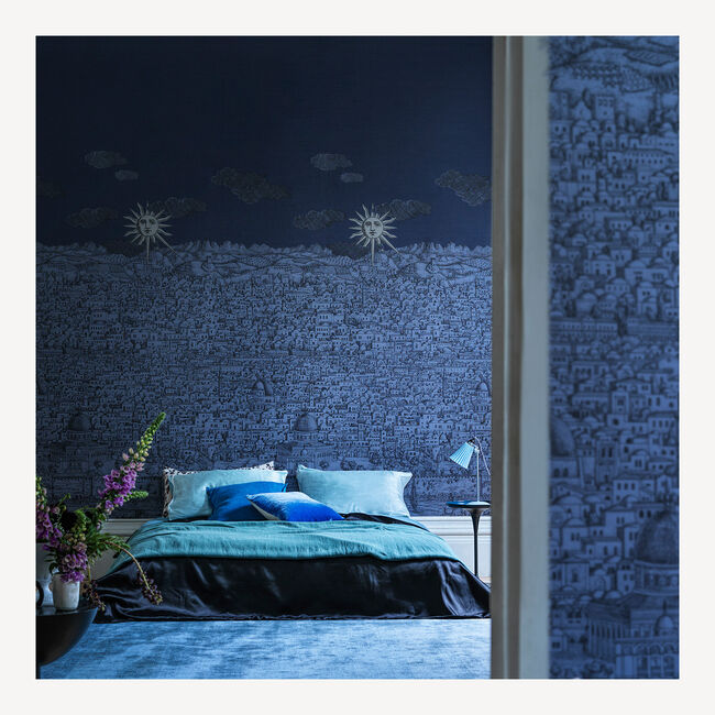 Shop Fornasetti Wallpaper Vista Mediterranea In Midnight With Gilver Sun