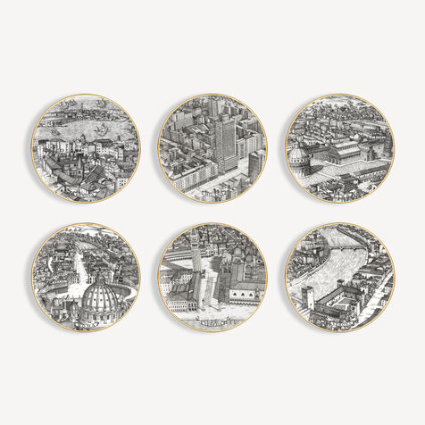 FORNASETTI Set 6 Plates Citt&agrave; d'Italia White/Black/Gold P09Z280FOR23ORO