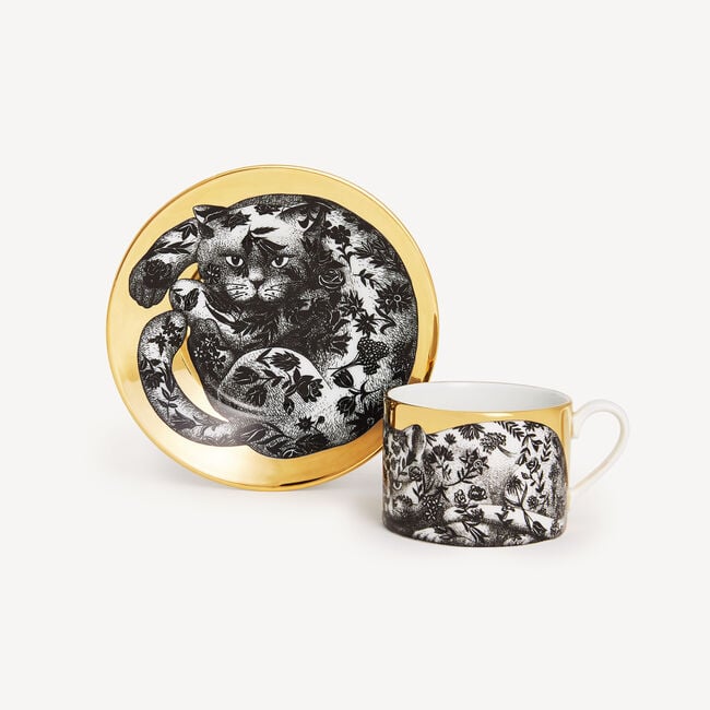 Shop Fornasetti Tea Cup High Fidelity Fiorato In White/black/gold