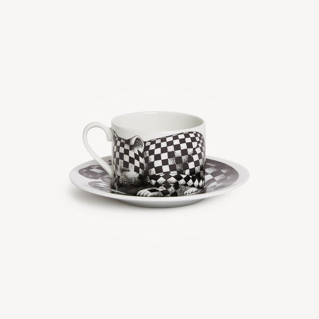 Shop Fornasetti Tea Cup High Fidelity Quadretato In White/black