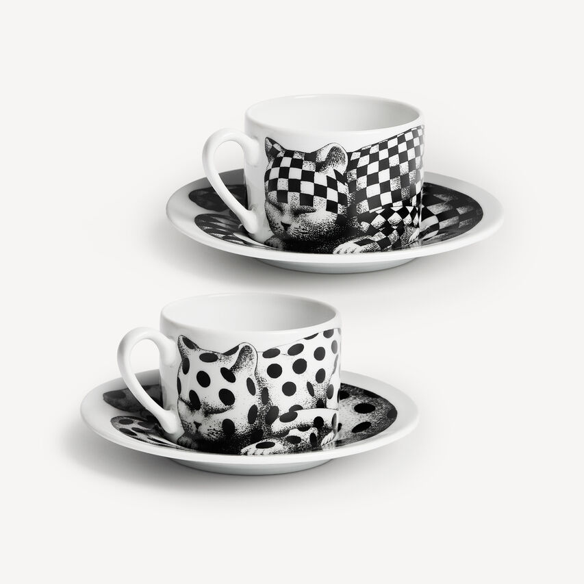 FORNASETTI Set of 2 tea cups High Fidelity White/Black P39X28945FOR25BIA