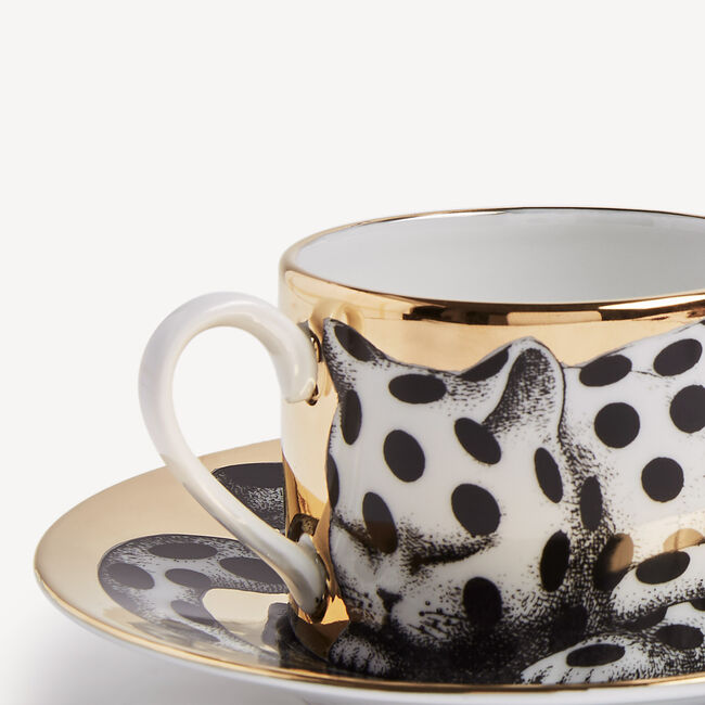 Fornasetti Tea Cup High Fidelity Pois Spotted Cat In White/black/gold