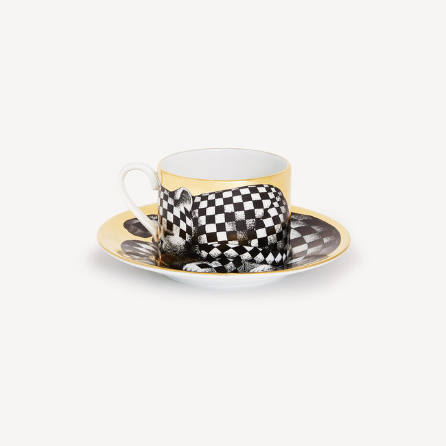 Shop Fornasetti Tea Cup High Fidelity Quadrettato In White/black/gold
